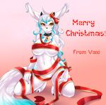  2014 anthro avoid_posting bell big_breasts big_ears black_nose blush bow breasts cat christmas collar conditional_dnp crossgender ear_piercing feline female fur hair holidays horn kneeling looking_at_viewer lyrian mammal merry_christmas mrawl piercing presenting prince_vaxis red_eyes ribbons solo text whiskers 