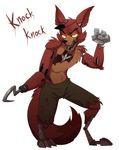  2014 animatronic anthro black_nose canine clothing eye_patch eyewear five_nights_at_freddy&#039;s fox foxy_(fnaf) fur glowing glowing_eyes hook machine male mammal mechanic mechanical naughty_face pants plain_background red_fur robot solo text white_background xnirox 