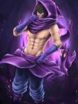  1boy abs blue_eyes brown_hair clothes gloves glowing glowing_eyes league_of_legends looking_at_viewer male_focus malzahar muscle navel nipples pants pecs purple purple_background sargent94 scarf shirtless short_hair solo 