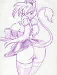  2014 anthro anthrofied avian beak blush bottomless breasts cleavage clothed clothing female friendship_is_magic gilda_(mlp) glass gryphon half-dressed hat ice icecubes king-cheetah legwear looking_back maid maid_costume maid_uniform monochrome my_little_pony plate pussy raised_tail sketch solo stockings 