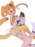  2girls absurdres african_wild_dog_(kemono_friends) animal_ears ass blonde_hair blush breasts brown_eyes dog_ears dog_girl elbow_gloves fingering gloves golden_snub-nosed_monkey_(kemono_friends) highres kemono_friends licking masuyama_ryou medium_breasts monkey_ears monkey_girl multicolored_hair multiple_girls nipples no_bra nude open_mouth pussy_juice saliva simple_background skirt tail thighhighs two-tone_hair white_background white_hair yellow_legwear yuri 