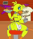  anthro avian beak bib bird blue_eyes breasts chica_(fnaf) chicken clock clothing female five_nights_at_freddy&#039;s food fur guitar musical_instrument pizza plate pussy robotic sitting solo yellow_fur 