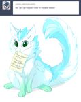  2014 ambiguous_gender asphagnum blue_hair claws dragon english_text feathers feral fur furred_dragon green_eyes hair happy mammal paper patch_(character) paws smile solo text tumblr white_fur wings 
