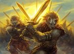  anthro backlit charging duo face_paint feline holding_weapon leonin magic_the_gathering male mammal official_art peter_mohrbacher sword warpaint warrior weapon 