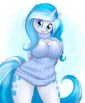  &lt;3 abstract_background absurd_res anthro big_breasts blue_eyes blue_hair blush breasts cat-named-fish cleavage clothed clothing digital_media_(artwork) equine fan_character female freckles fur hair hi_res horn long_hair looking_at_viewer mammal my_little_pony smile solo standing sweater two_tone_hair unicorn white_fur 