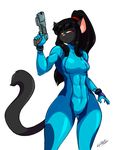  abs anthro black_hair breasts cat chalo clothing dark_fur feline female frown fur gun hair las_lindas mammal muscles ponytail rachael_saleigh ranged_weapon small_breasts solo standing thick_thighs tight_clothing weapon yellow_eyes zero_suit 