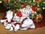  2012 abs anthro balls bell biceps big_muscles blue_eyes candy_cane christmas christmas_tree claws elbow_gloves erection feline fur gift gloves hat holidays legwear leucistic lion looking_at_viewer low_res male mammal muscles nipples nude panja pecs penis pubes santa_hat solo stockings tree wfa white_lion 