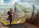  anthro atmospheric_perspective cliff female front_view full-length_portrait hooves horn landscape magic_the_gathering official_art polearm road satyr sculpture solo staff statue travelling tyler_jacobson walking 