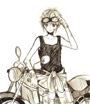  1boy adjusting_goggles anzu_(o6v6o) bandaid_on_cheek collarbone dirty_clothes dirty_face genderswap genderswap_(ftm) gloves goggles goggles_on_head ground_vehicle gumiya holding_wrench jumpsuit jumpsuit_around_waist light_smile male_focus monochrome motor_vehicle motorcycle sepia simple_background solo tank_top vocaloid white_background 