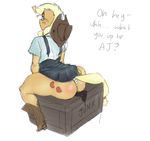  anthro applejack_(mlp) boots butt clothed clothing cutie_mark earth_pony english_text equine female friendship_is_magic horse looking_back lyndoi227 mammal my_little_pony plain_background pony pussy_juice solo text unseen_character white_background wide_hips 