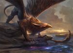  adam_paquette ambiguous_gender ass_up avian feathered_wings feral gryphon hybrid long_tail looking_down magic_the_gathering official_art pointy_ears rock solo spread_wings standing star talons water wings 