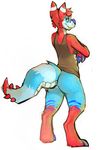  anthro blue_fur bottomless butt canine clothed clothing crossed_arms dragon eyewear fur half-dressed hoot hybrid looking_at_viewer male mammal nude plain_background pose raised_tail red_fur scales smile solo standing thick_tail unknown_species 
