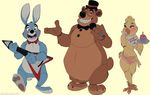  2014 absurd_res avian band beak bear bib bird blue_eyes blue_fur bow_tie brown_fur chicken cupcake cupcake_(fnaf) dwarfdraco female five_nights_at_freddy&#039;s_2 food fur green_eyes group guitar hat hi_res lagomorph looking_at_viewer male mammal microphone musical_instrument pawpads paws plain_background plate rabbit ribbons smile tongue top_hat toy_bonnie_(fnaf) toy_chica_(fnaf) toy_freddy_(fnaf) yellow_background 