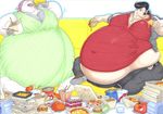  anthro belly dandy_(space_dandy) duo eating feeding female food growing male meow_(space_dandy) morbidly_obese overweight prisonsuit-rabbitman space_dandy weight_gain 