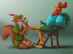  alan_a_dale anthro barefoot canine chair claws disney duo eyes_closed foot_fetish fox hindpaw licking male mammal paws riproarrex robin_hood rocking_chair rooster sitting squinting talons tongue tongue_out 