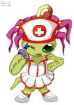  bandai cute_fangs digimon female flora_fauna hand_on_hip headgear hi_res jumpjump nurse nurse_uniform one_eye_closed open_mouth palmon plant solo standing syringe wink 