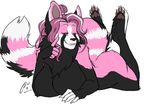  2014 anthro bedroom_eyes big_breasts black_fur breasts digitigrade female fur green_eyes hair hindpaw inviting kaprikaaz long_tail looking_at_viewer lying mammal nude on_front pawpads paws pink_fur pink_hair plain_background red_panda smile solo unknown_character watermark white_background white_fur 