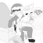  2014 animal_crossing anthro big_ears black_nose blush breasts cervine christmas deer diana_(animal_crossing) digital_media_(artwork) duo eyes_closed female furballthefurry gift holidays itsunknownanon male mammal monochrome naughty nintendo nipples nude one_eye_closed open_mouth sex sweat text video_games wink 