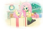  &lt;3 2014 bell blush christmas christmas_tree clothed clothing decoration detailed_background duo equine female fireplace fluttershy_(mlp) friendship_is_magic gift green_eyes hair hi_res holidays horse howxu human kneeling looking_down looking_up mammal mane my_little_pony pink_hair pony scarf surprise sweater tree 
