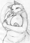  2009 anthro big_breasts breasts cat chest_tuft chubby cocolog feline female fur kyoko_(cocolog) mammal monochrome nipples nude plain_background sketch solo standing tuft wide_hips 