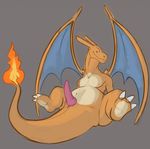  2014 anal animal_genitalia anus big_penis brown_background charizard claws covertcanine dragon erection feral fire front_view knot looking_at_viewer lying male navel nintendo nipples nude penis plain_background pok&eacute;mon reclining scalie shadow smile solo spread_legs spreading thick_tail video_games wings 