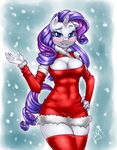  2014 anthro anthrofied blue_eyes blush breasts christmas cleavage cleavage_cutout clothed clothing equine eyeshadow female friendship_is_magic hair holidays horn legwear long_hair looking_at_viewer makeup mammal my_little_pony nail_polish pia-sama pose purple_hair rarity_(mlp) smile snow snowing solo stockings thigh_highs unicorn 