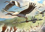  ambiguous_gender army avian bipedal bird carrying daniel_ljunggren disembodied_hand feral flag flying group landscape low-angle_shot magic_the_gathering official_art polearm sky spear weapon wings 
