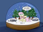  2014 blue_eyes english_text equine female fluttershy_(mlp) friendship_is_magic hair mammal my_little_pony pegasus pine_tree pink_hair rock sitting snow_globe solo text tree whatsapokemon wings 