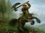  armband arms_above_head atmospheric_perspective attack battle_axe bodypaint centaur equine fighter human landscape magic_the_gathering male mammal muscles nature official_art outside rearing taur tree volkan_baga warrior 
