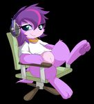  avoid_posting black_background blue_eyes bottomless canine chair clothed clothing conditional_dnp cute dog edit female fur hair half-dressed headset littlest_pet_shop mammal necklace office_chair plain_background purple_fur purple_hair pussy raised_leg shirt smile smitty_g solo zoe_trent 