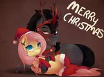  2014 absurd_res antlers blue_eyes blush christmas duo english_text equine evehly female feral fluttershy_(mlp) friendship_is_magic hi_res holidays hooves horn king_sombra_(mlp) male mammal my_little_pony pegasus reins smile text unicorn wings 