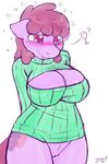  2014 ? anthro anthrofied berry_punch_(mlp) blush bottomless breasts cleavage clothed clothing drunk equine female friendship_is_magic hair half-dressed horse keyhole_turtleneck mammal my_little_pony pony purple_eyes purple_hair pussy skoon solo standing sweater 