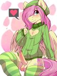  &lt;3 2014 abstract_background anthro anthrofied balls blush clothed clothing crossgender cutie_mark equine flutterguy_(mlp) fluttershy_(mlp) friendship_is_magic fur girly hair hair_over_eye hat keyhole_turtleneck legwear long_hair male mammal my_little_pony pegasus penis pink_hair precum rainbowscreen smile solo striped_legwear sweater thigh_highs uncut wings yellow_fur 