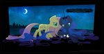  2014 arthropod autumndeer butterfly cutie_mark detailed_background digital_media_(artwork) duo equine female feral fluttershy_(mlp) friendship_is_magic green_eyes horn insect looking_down mammal moon my_little_pony night outside princess_luna_(mlp) spanish_text star text translated winged_unicorn wings 