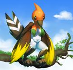  2014 anthro anthrofied avian big_breasts bird branch breasts censored chubby cleavage clothed clothing cloud convenient_censorship elpatrixf female fletchinder nintendo non-mammal_breasts nude on_branch outside pok&eacute;mon solo standing video_games wings 