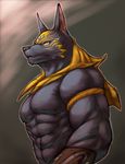  abs anthro anubian_jackal anubis biceps big_muscles black_fur black_nose canine clothed clothing deity fur half-dressed huge_muscles istani jackal male mammal masculine muscles nipples pecs pose ripped solo toned topless yellow_eyes yellow_fur 