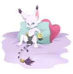  2014 alexzorak ambiguous_gender anthro bandai bed blackgatomon blue_eyes blush claws convenient_censorship cub digimon ear_tuft feline fur gatomon gloves looking_at_viewer mammal pillow plain_background plushie sitting smile solo spread_legs spreading tail_ring tuft white_fur young 