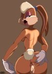  2014 anthro anus breasts butt butt_grab crazedg female gaping gaping_anus gloves green_eyes hand_on_butt lagomorph lola_bunny looking_at_viewer looking_back looney_tunes mammal open_mouth pussy rabbit rear_view side_boob solo space_jam spread_butt spreading warner_brothers 