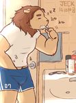  2014 anthro body_hair brushing_teeth bulge clothed clothing ear_piercing eyes_closed feline fur furry-specific_piercing grope happy_trail jeck korean_text lion male mammal muscles piercing shorts solo standing text 