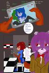  anthro big_breasts blush bonnie_(fnaf) bow_tie breasts brown_fur brown_shirt chair color comic dim discordmelody eyewear female five_nights_at_freddy&#039;s freckles full_page fur ghost glasses green_skin hair jasmine_ivory lagomorph male mammal nipples purple_hair rabbit red_eyes red_hair rodent smile spirit squirrel tablet tongue torn_stockings 