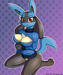  2014 anthro anthrofied big_breasts blue_fur bottomless breasts butt cleavage clothed clothing drako1997 female fur half-dressed keyhole_turtleneck kneeling looking_at_viewer lucario nintendo nipples pok&eacute;mon pok&eacute;morph presenting red_eyes smile solo sweater tongue video_games 
