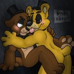  animatronic anthro bear black_nose blush bow_tie brown_fur butt cute duo english_text eyebrows five_nights_at_freddy&#039;s freddy_(fnaf) fur gay golden_freddy_(fnaf) hat machine male mammal mechanical robot selfcest sign square_crossover sweat text tongue tongue_out top_hat xiamtheferret yellow_fur 
