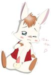  :3 albino anthro blush censored cum cute fur happy_happy_clover japanese lagomorph luna male mammal one_eye_closed penis rabbit sayuri_tatsuyama short_fur smile solo tapering_penis text translated unknown_artist vest white_fur wink 