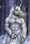  2014 abs anthro biceps body_hair chumbasket covering equine front_view fur hair happy_trail horn long_hair looking_away male mammal muscles nipples nude pecs red_eyes snow snowing solo standing towel unicorn white_fur white_hair 