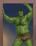  armpit_hair belly biceps bulge chubby clothing cureboltium flaccid green_skin hairy humanoid long_foreskin looking_at_viewer male masculine mohawk musclegut muscles not_furry orc pecs penis pose precum shorts solo tusks uncut 