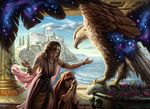  architecture avian backlit bird eagle eyes_closed female flower group human kneeling landscape magic_the_gathering mammal mike_sass official_art perspective plant praying standing star talons temple wings 
