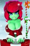  anthro bent_forward big_breasts breasts bust candy_cane cleavage clothed clothing female flower gift looking_at_viewer nails plant plantpenetrator rose shiny smile snow solo teeth text voluptuous wide_hips winter 