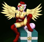  2014 anthro anthrofied areola blush bow breasts christmas christmas_hat clothed clothing elbow_gloves equine female fluttershy_(mlp) friendship_is_magic fur gloves hair half-dressed hat holidays legwear long_hair looking_at_viewer mammal my_little_pony nipples pegasus pink_hair pussy skimpy solo spread_legs spreading stockings thahashbaron topless wings yellow_fur 