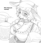  &lt;3 alcohol anthro beer beverage big_breasts black_and_white blush bovine bow breasts cattle chubby cleavage clothed clothing collar cowbell dirndl drink ear_piercing english_text eyes_closed female hair happy horn kikurage mammal monochrome open_mouth piercing plain_background short_hair smile solo text translated ushi white_background 