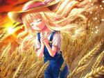  blonde_hair closed_eyes field happy hat long_hair miyai_sen original overalls smile solo sunset wheat wind 